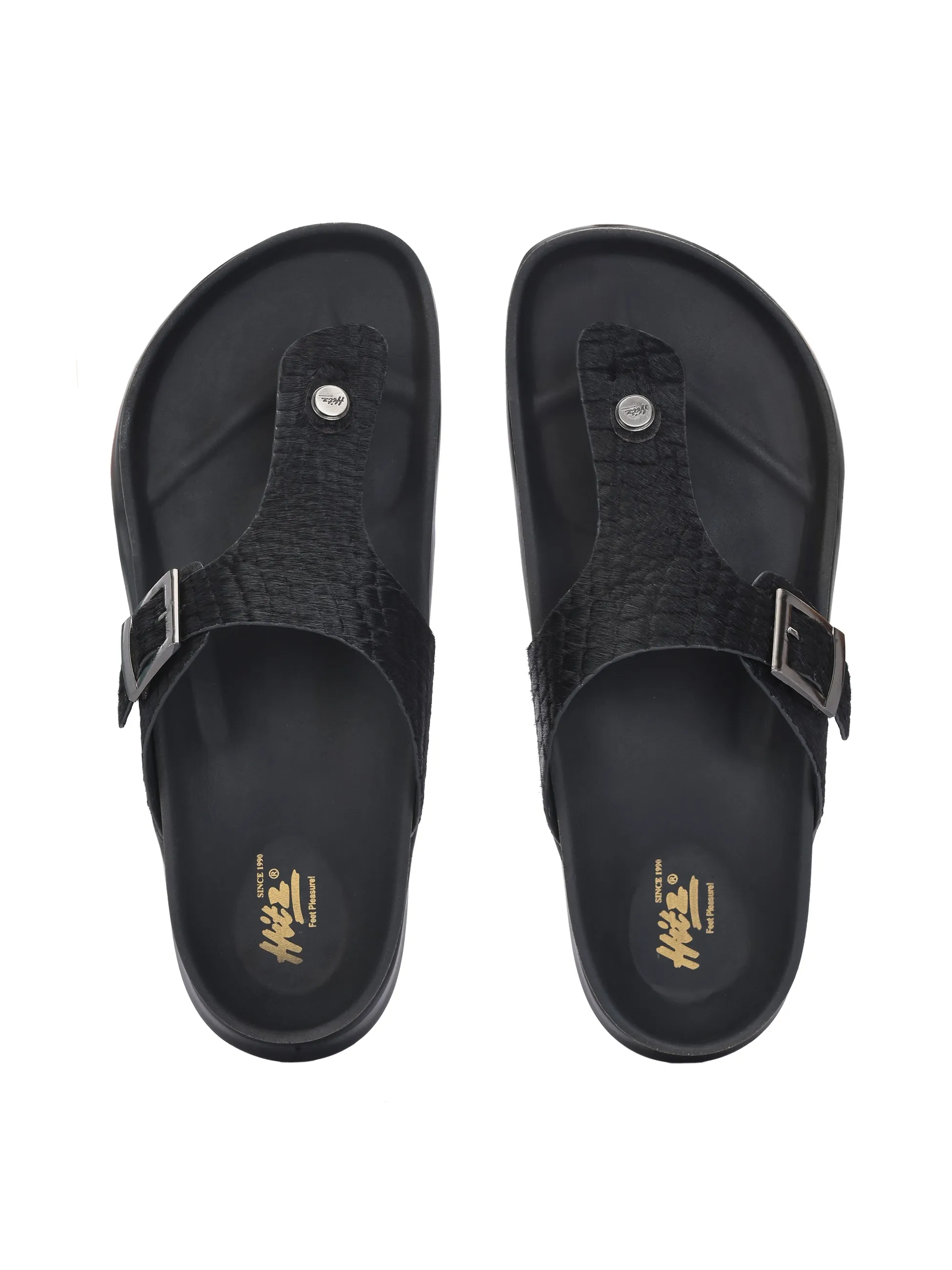 Hitz Men's Black Leather Daily Wear Buckle Slipper