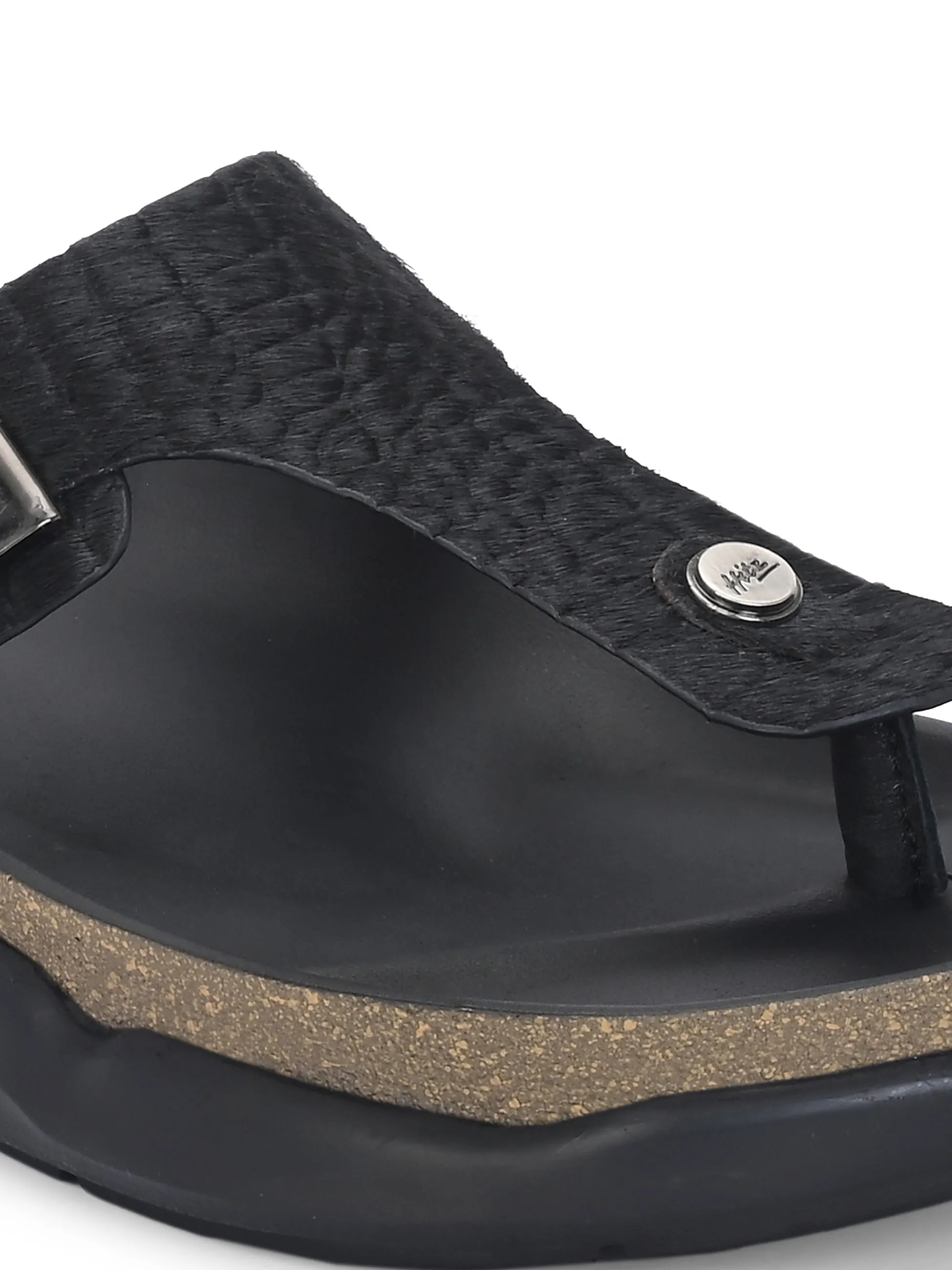 Hitz Men's Black Leather Daily Wear Buckle Slipper