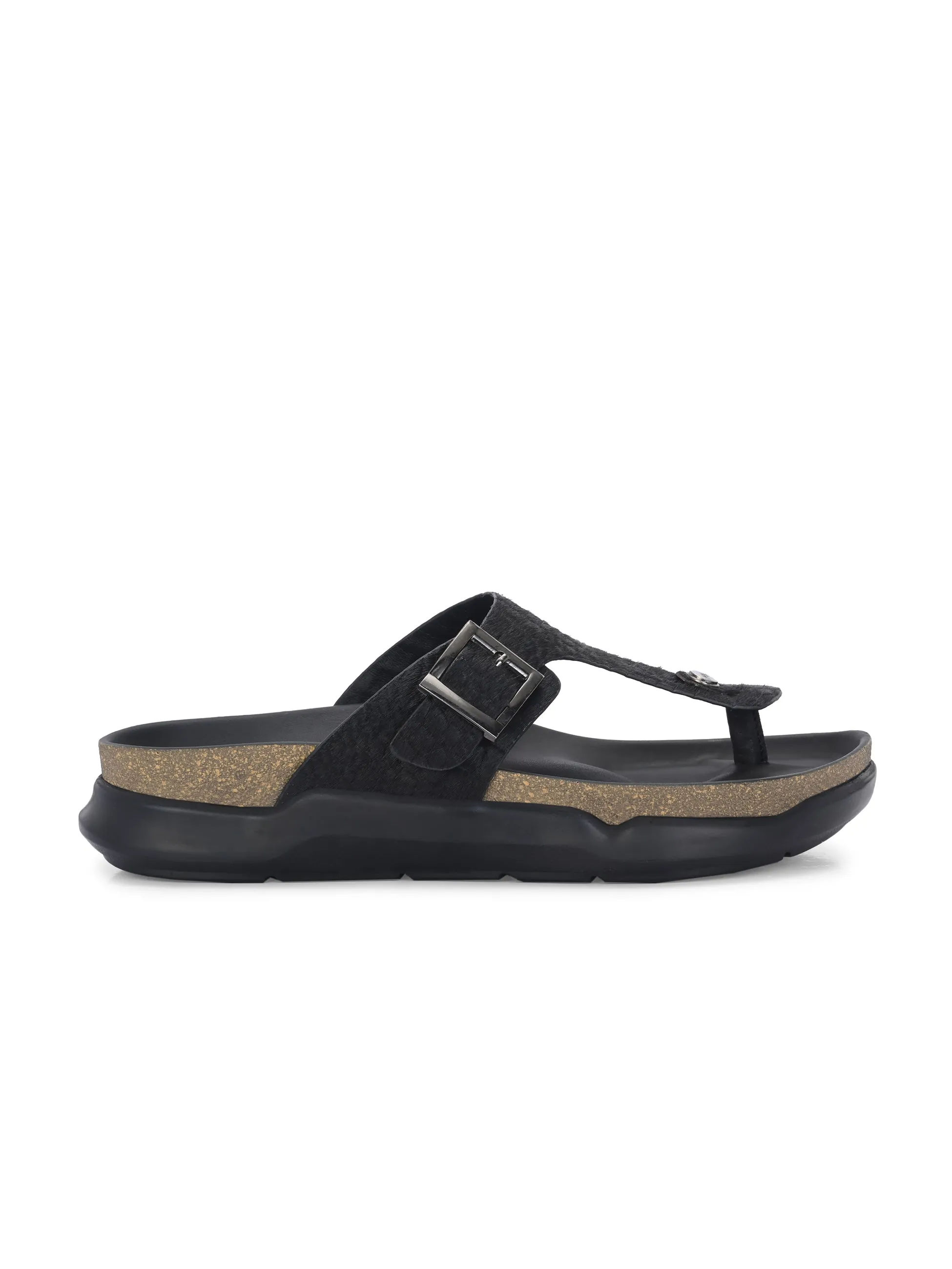 Hitz Men's Black Leather Daily Wear Buckle Slipper