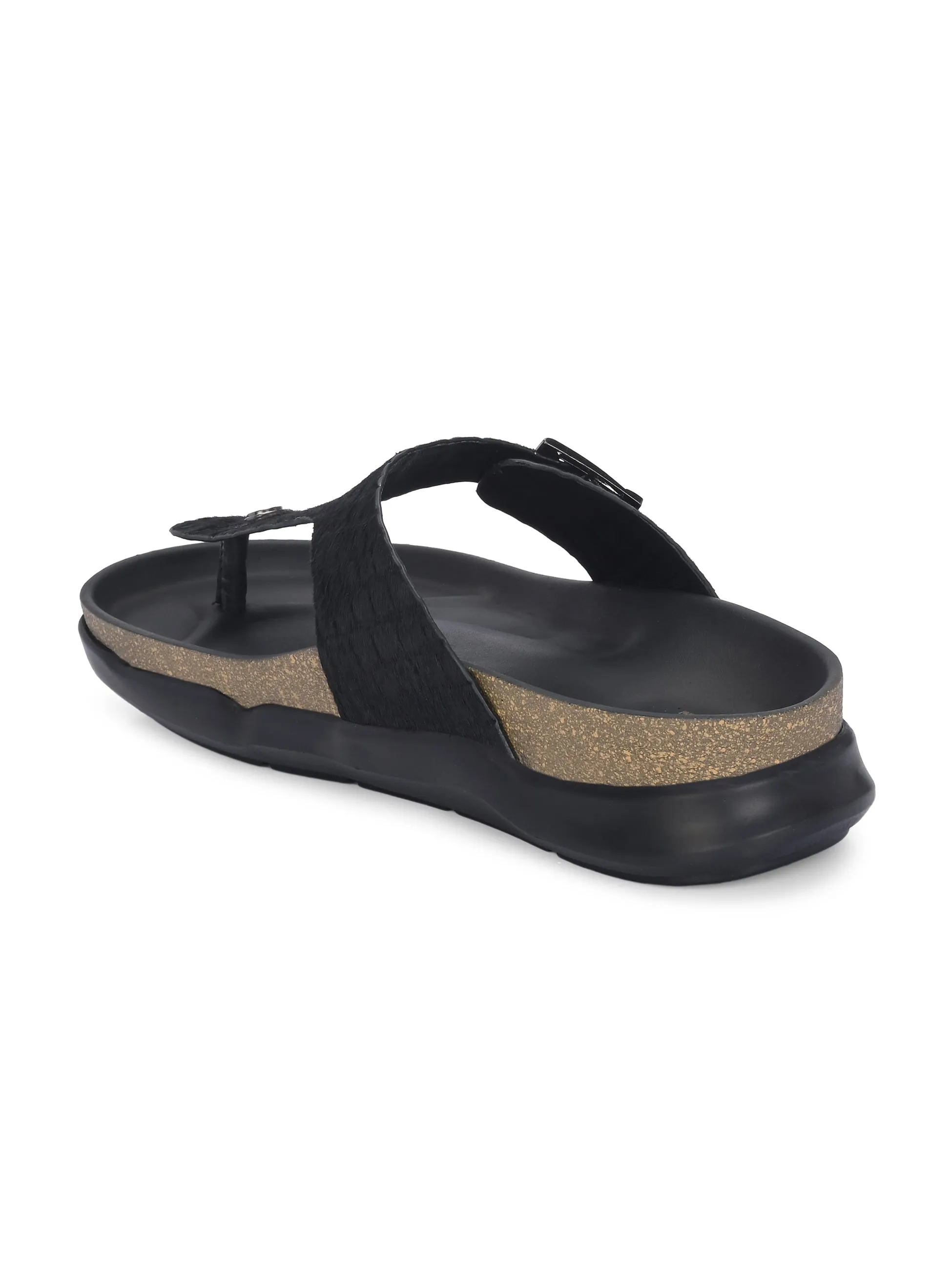 Hitz Men's Black Leather Daily Wear Buckle Slipper