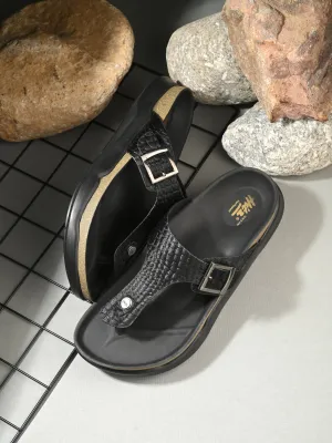 Hitz Men's Black Leather Daily Wear Buckle Slipper