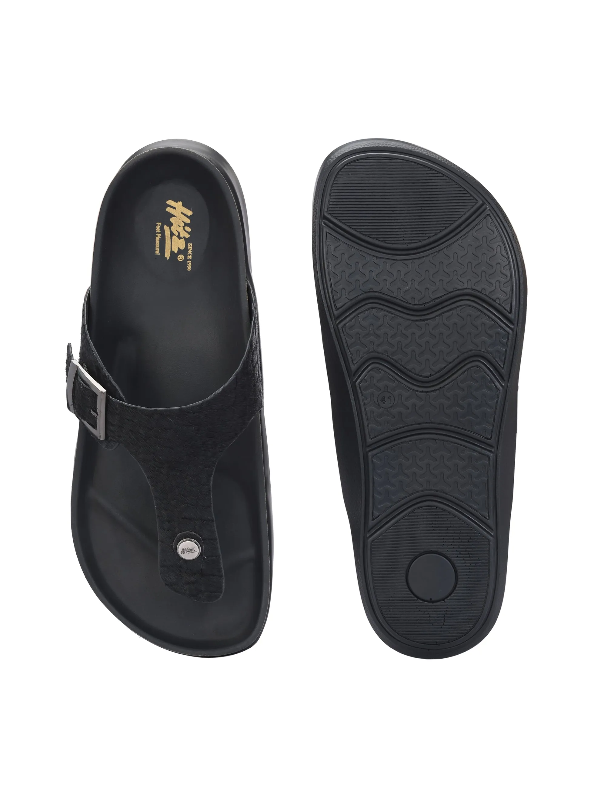 Hitz Men's Black Leather Daily Wear Buckle Slipper