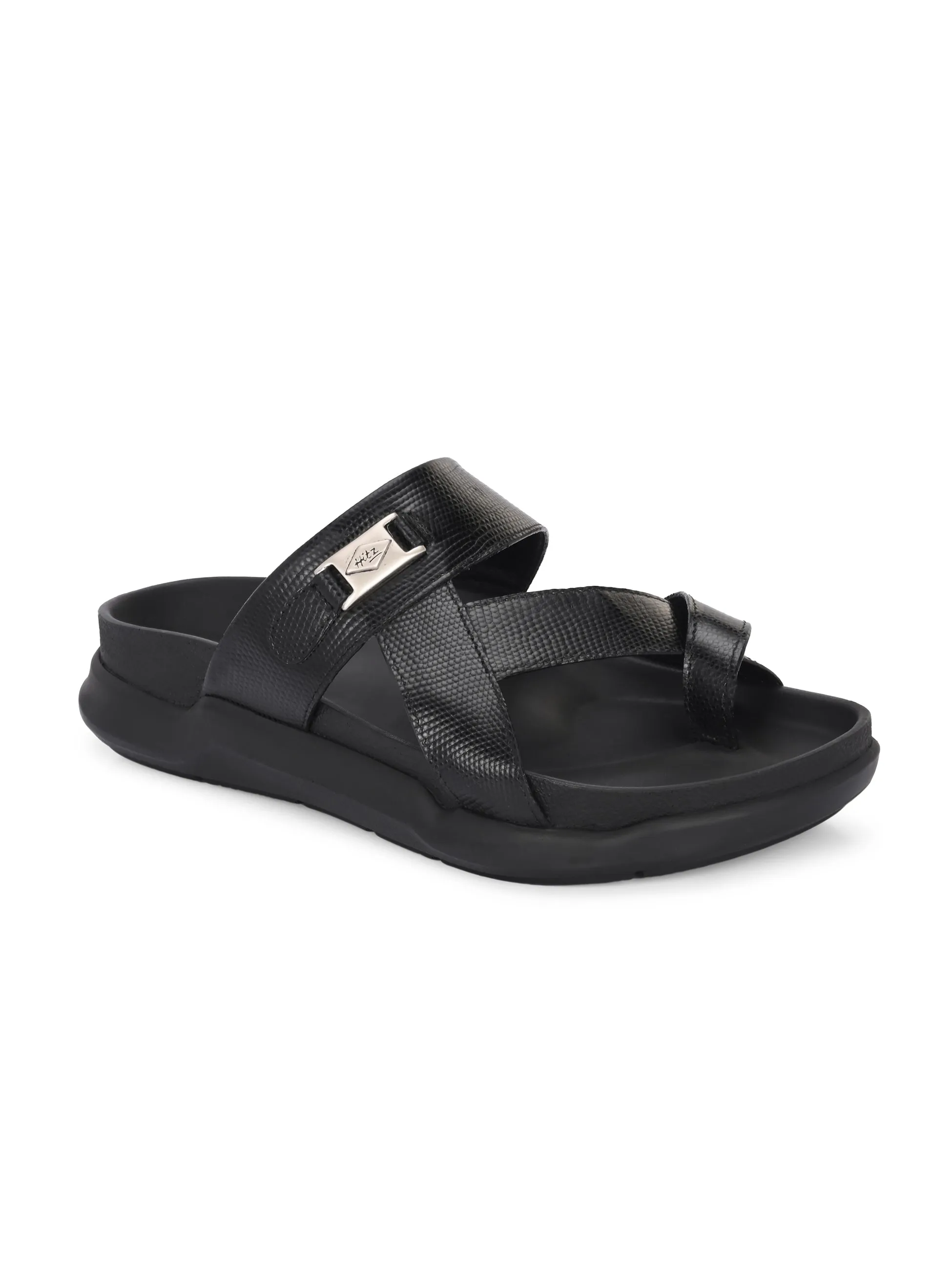 Hitz Men's Black Leather Daily Wear Slipper