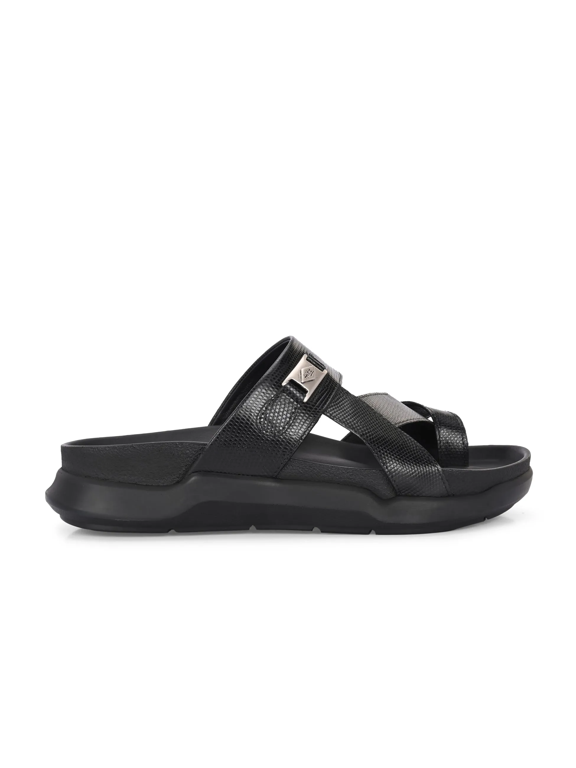 Hitz Men's Black Leather Daily Wear Slipper