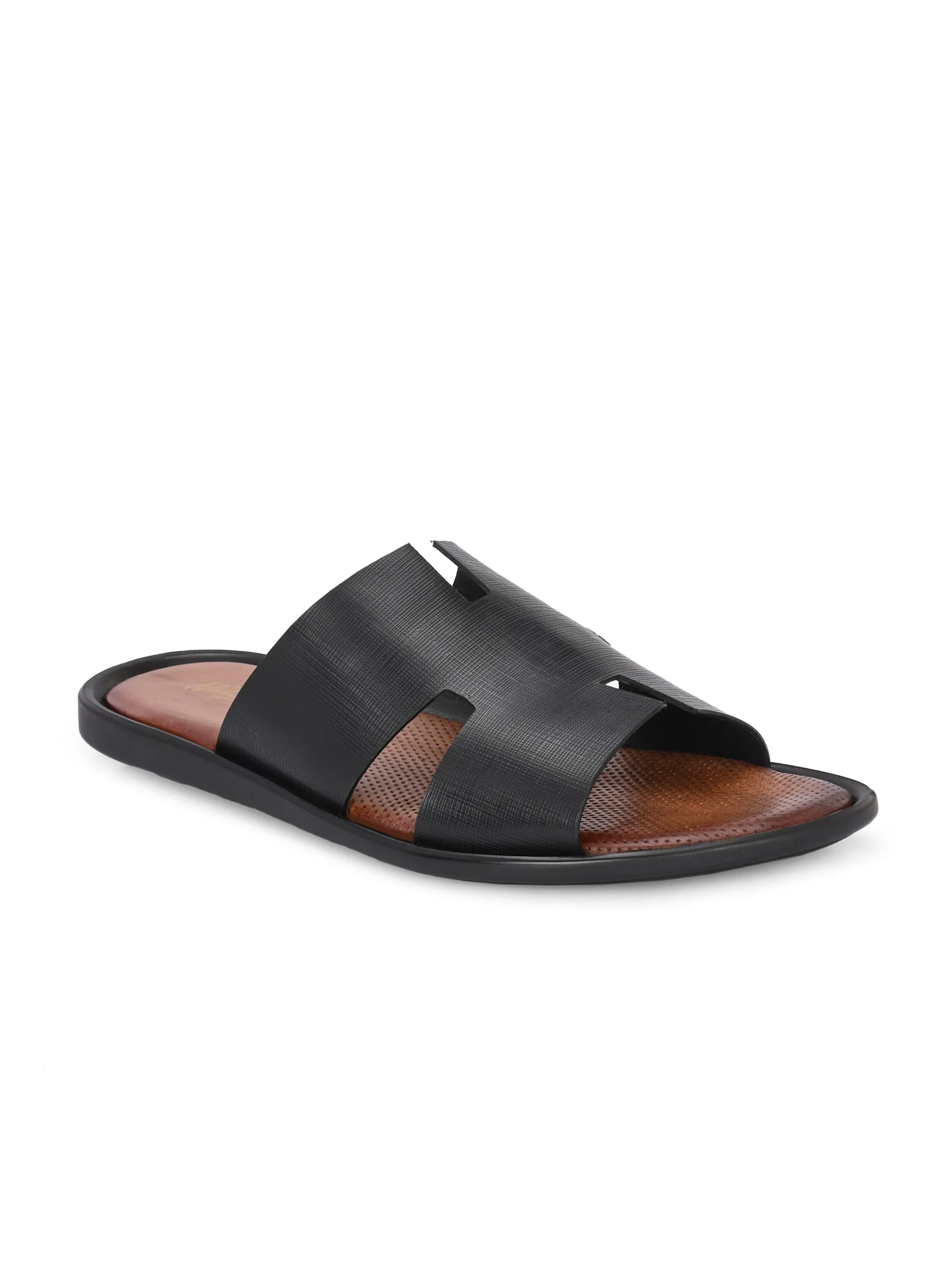 Hitz Men's Black Leather Daily Wear Slipper
