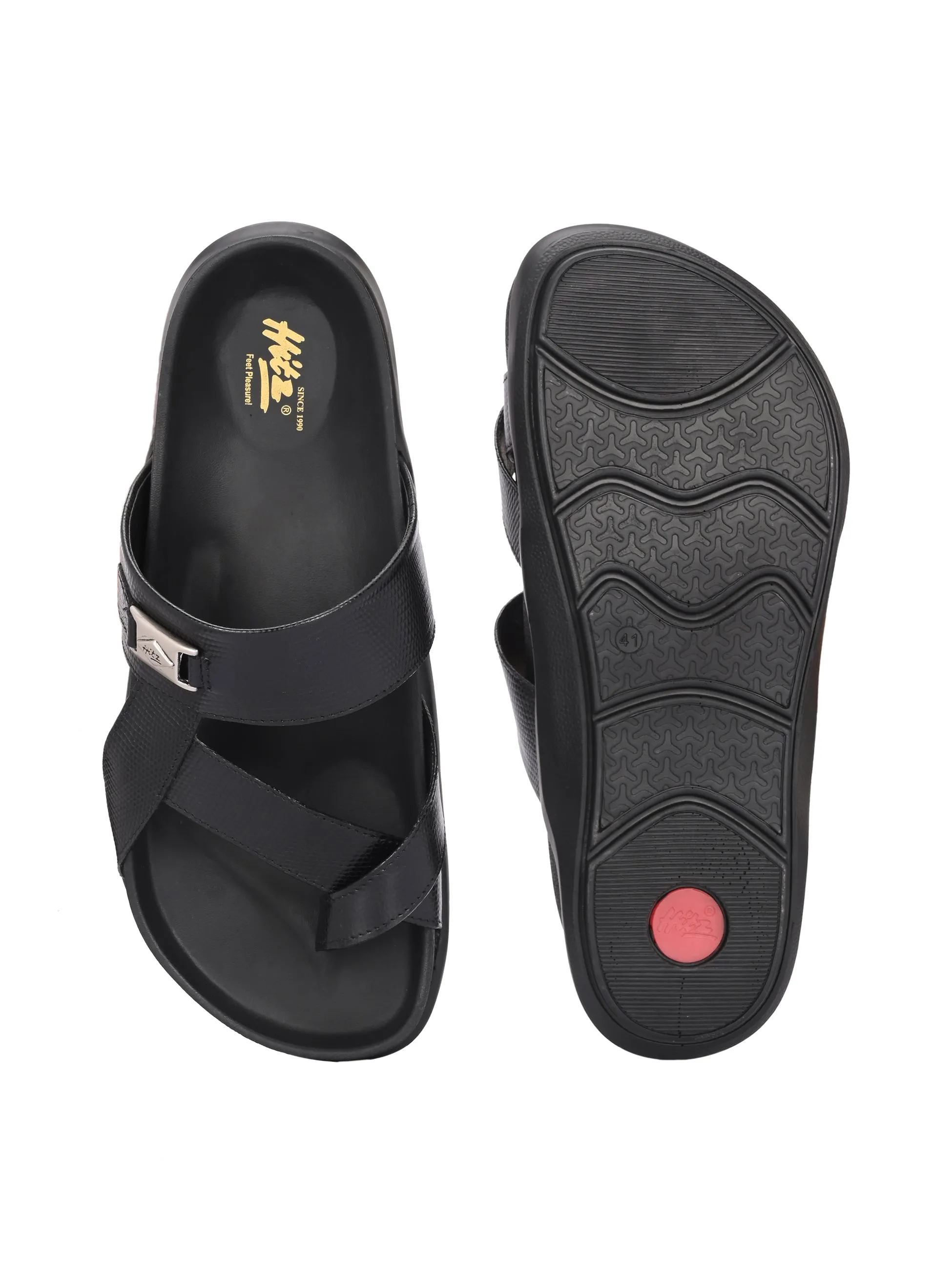 Hitz Men's Black Leather Daily Wear Slipper