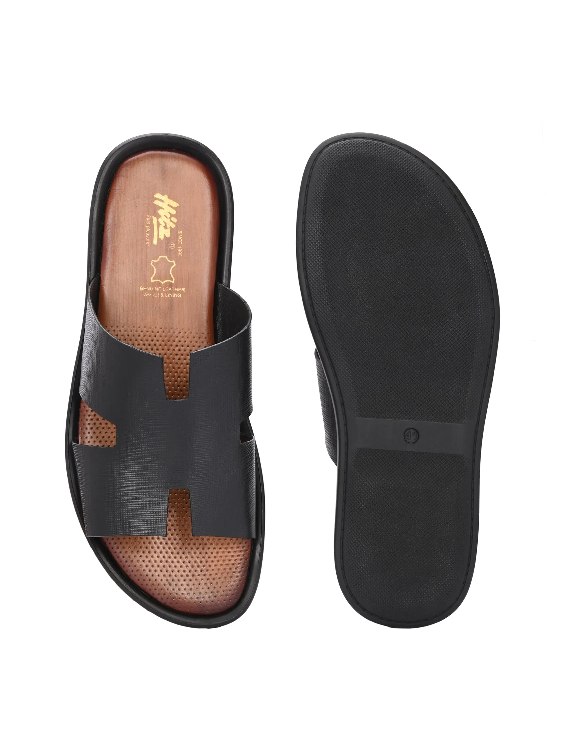 Hitz Men's Black Leather Daily Wear Slipper