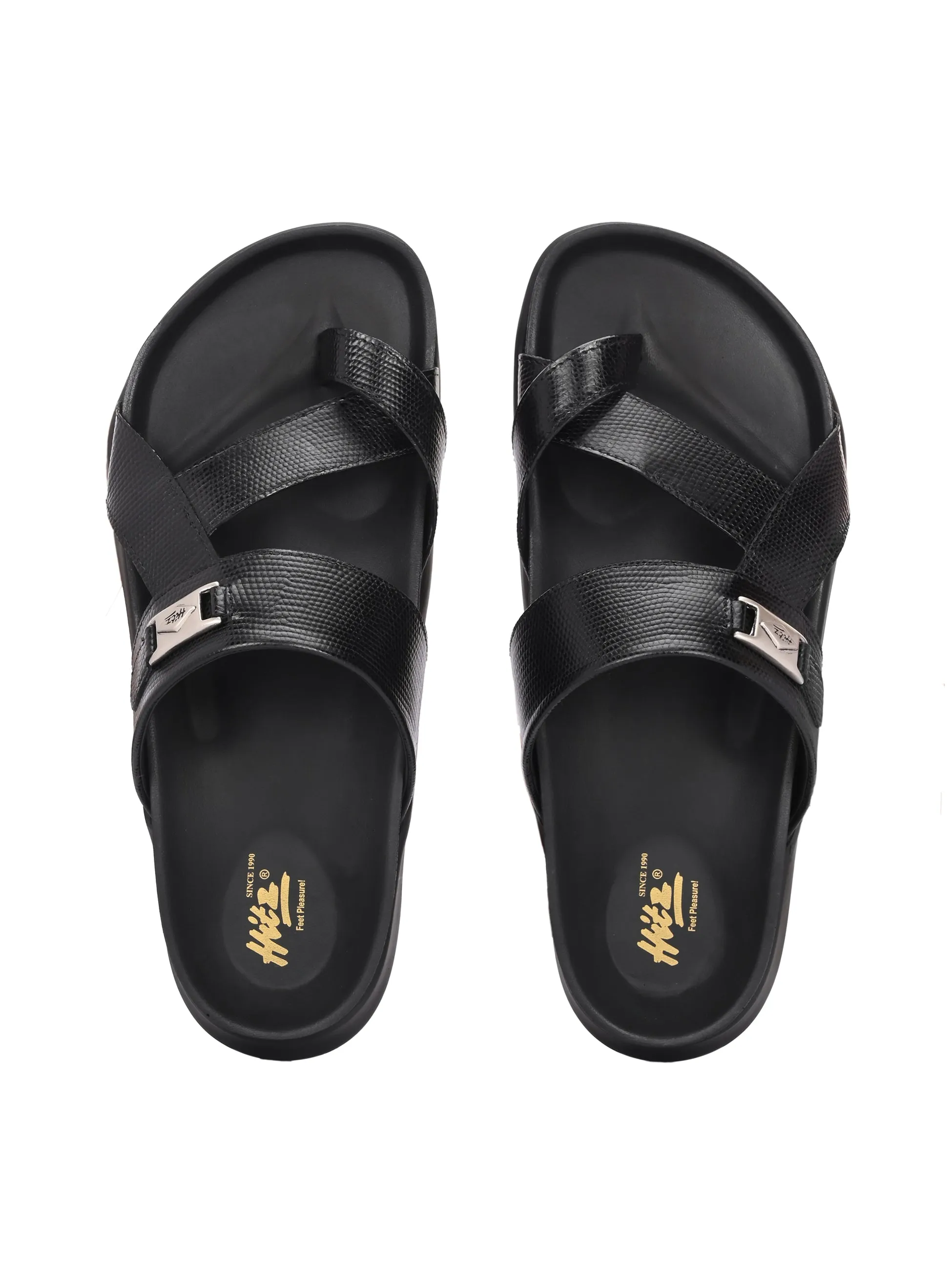 Hitz Men's Black Leather Daily Wear Slipper