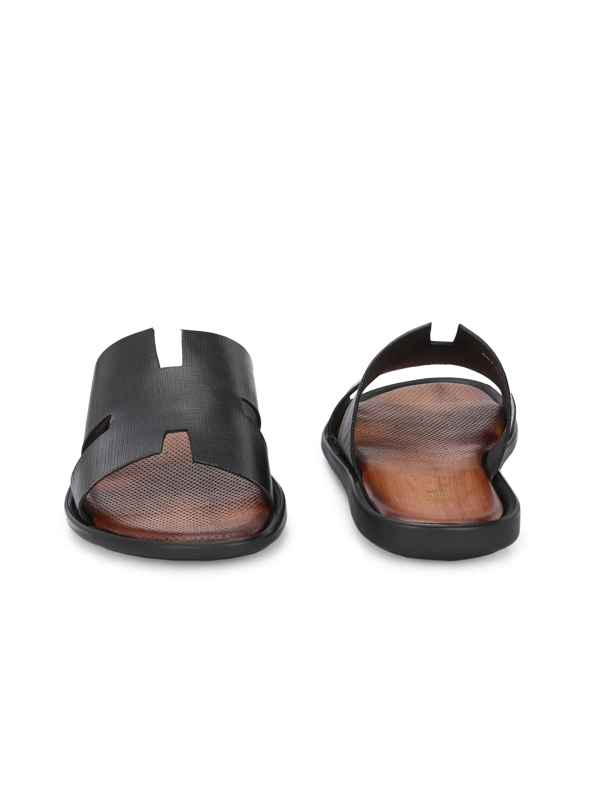 Hitz Men's Black Leather Daily Wear Slipper