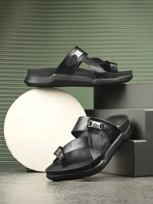 Hitz Men's Black Leather Daily Wear Slipper