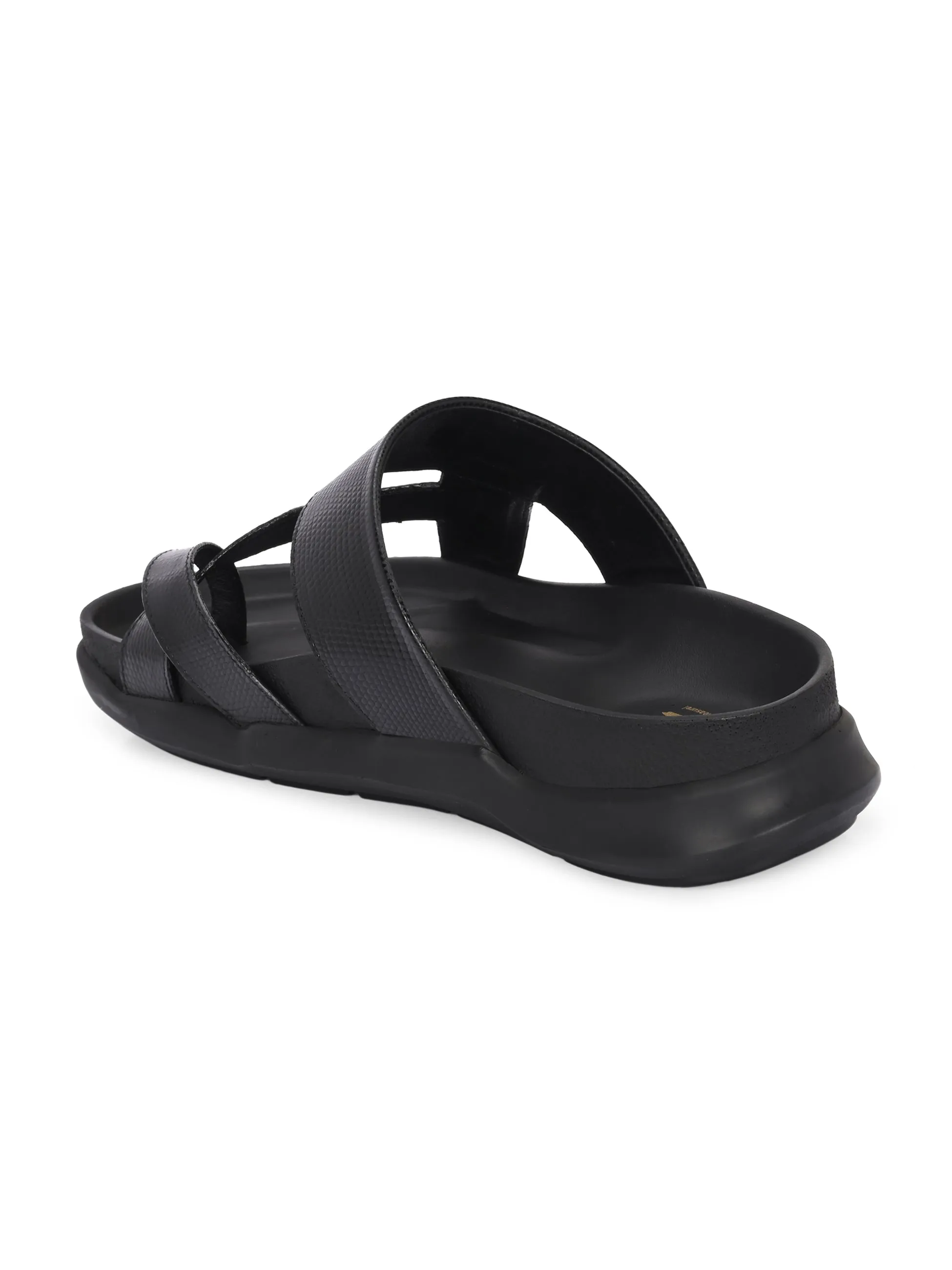 Hitz Men's Black Leather Daily Wear Slipper