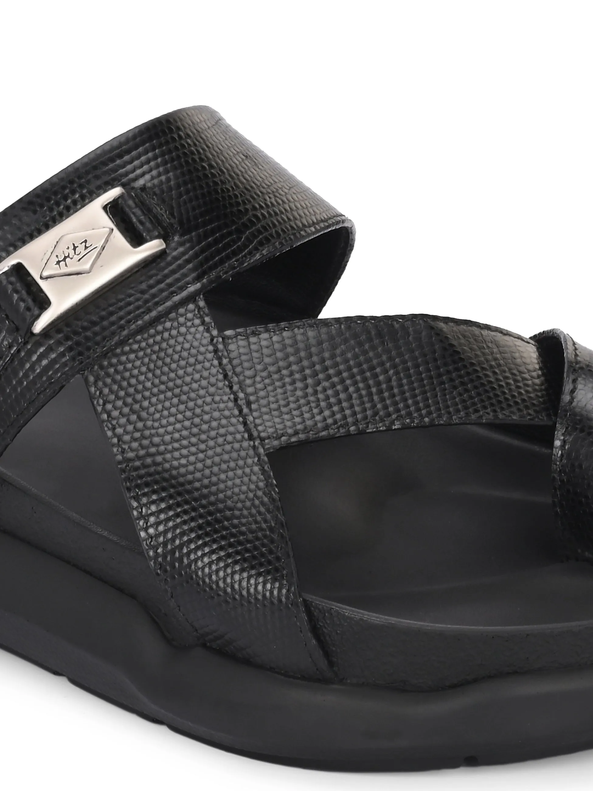 Hitz Men's Black Leather Daily Wear Slipper