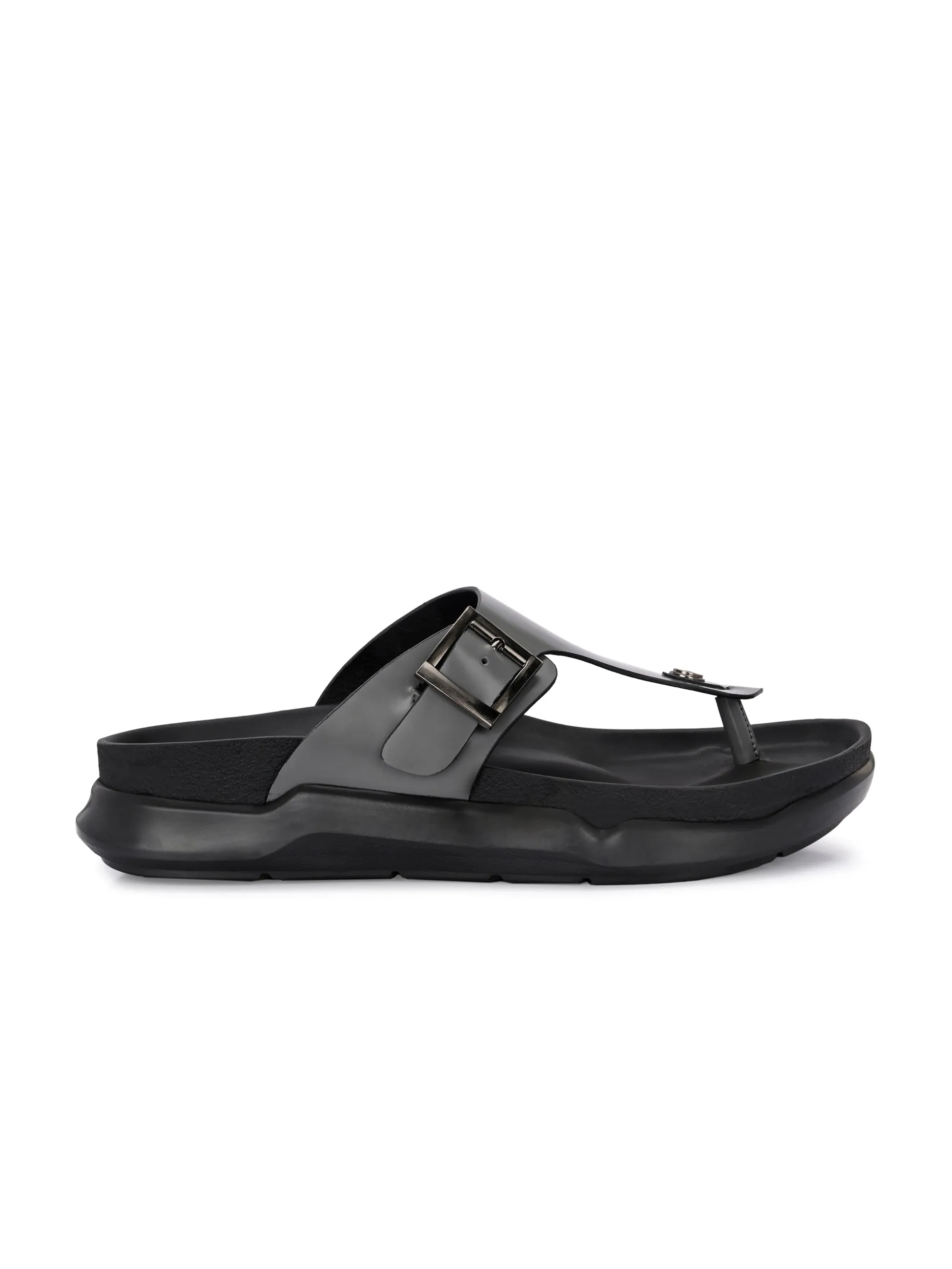 Hitz Men's Grey Leather Casual Daily Wear Slippers
