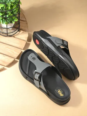 Hitz Men's Grey Leather Casual Daily Wear Slippers