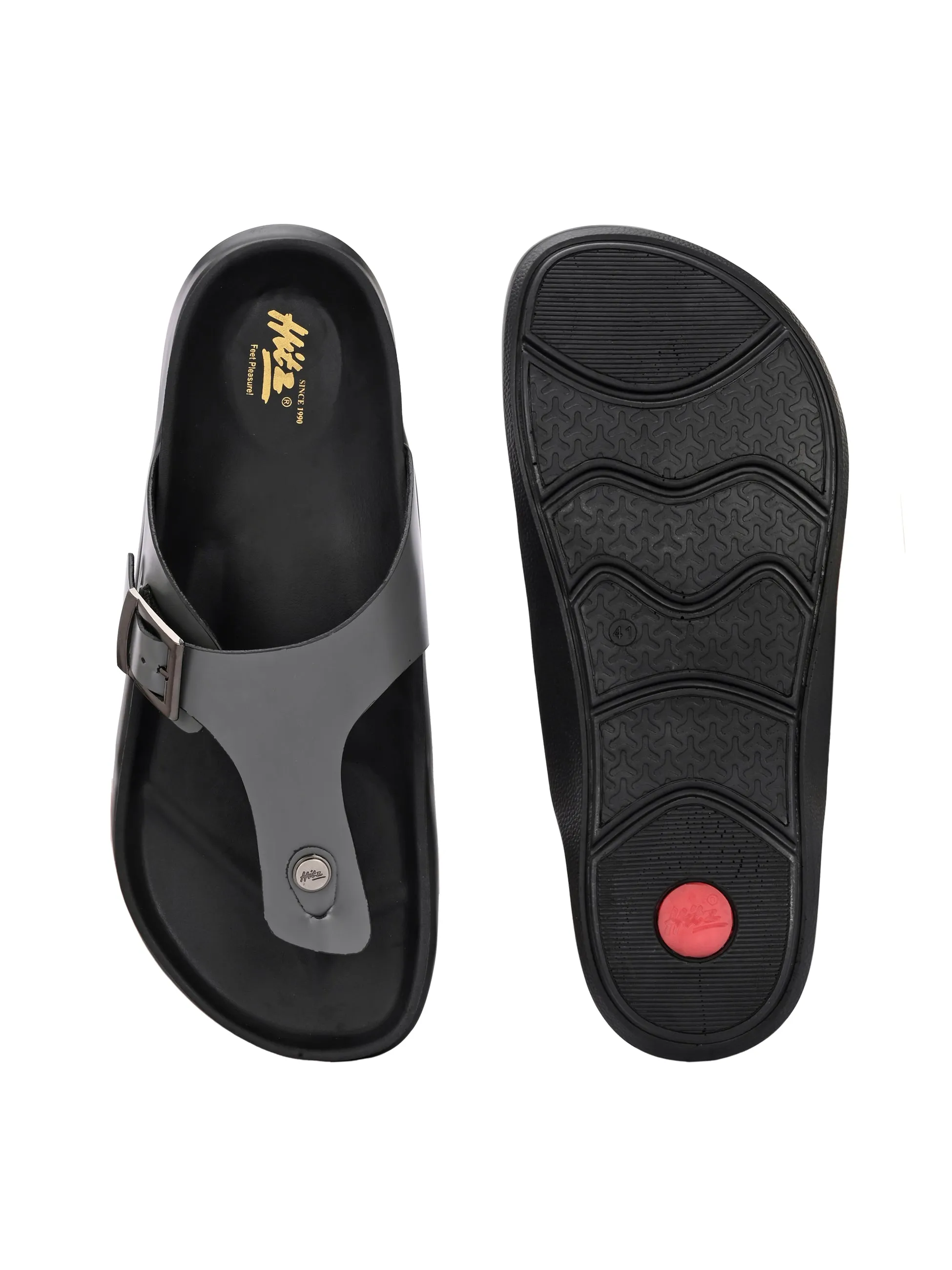 Hitz Men's Grey Leather Casual Daily Wear Slippers