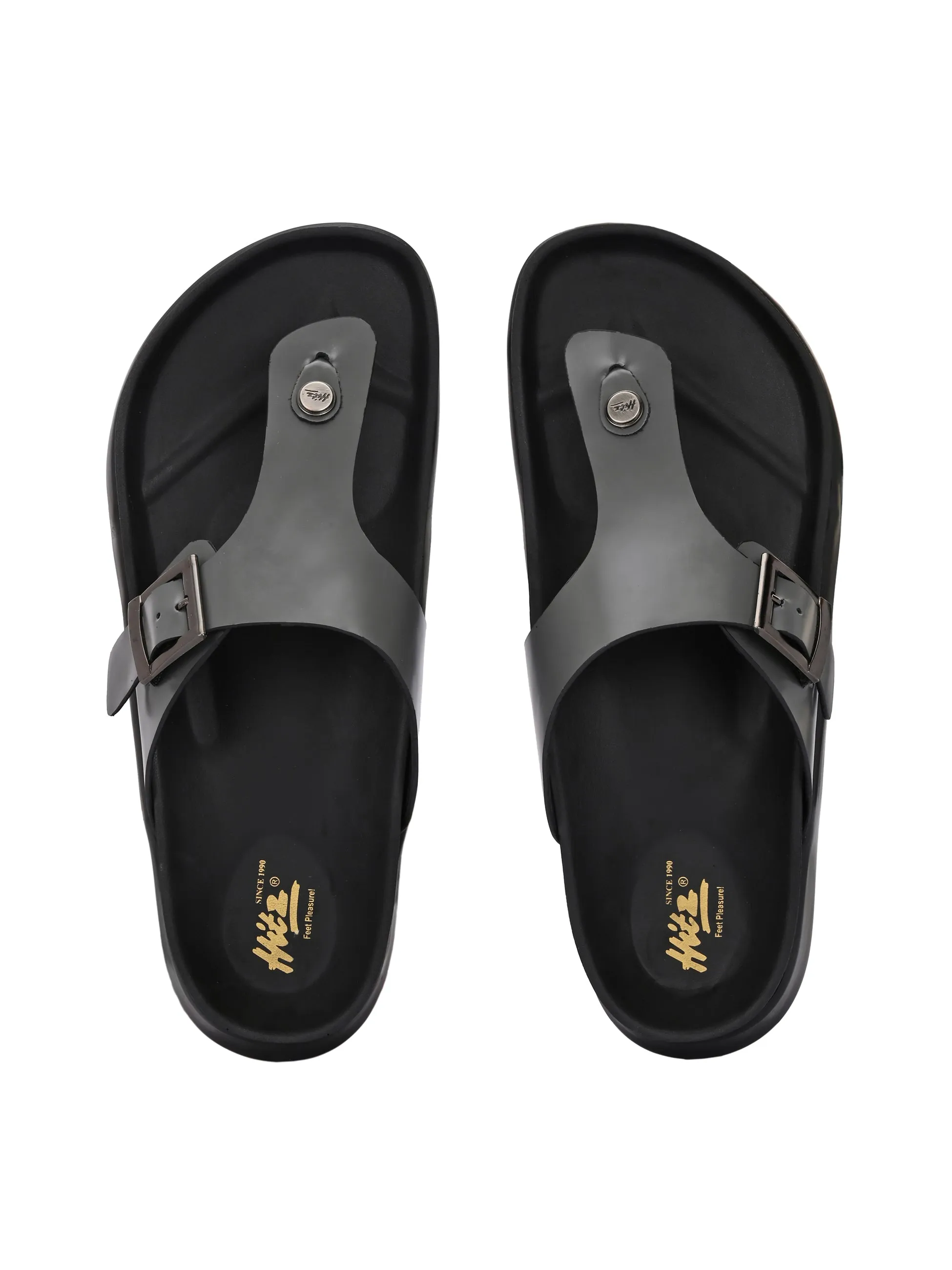 Hitz Men's Grey Leather Casual Daily Wear Slippers