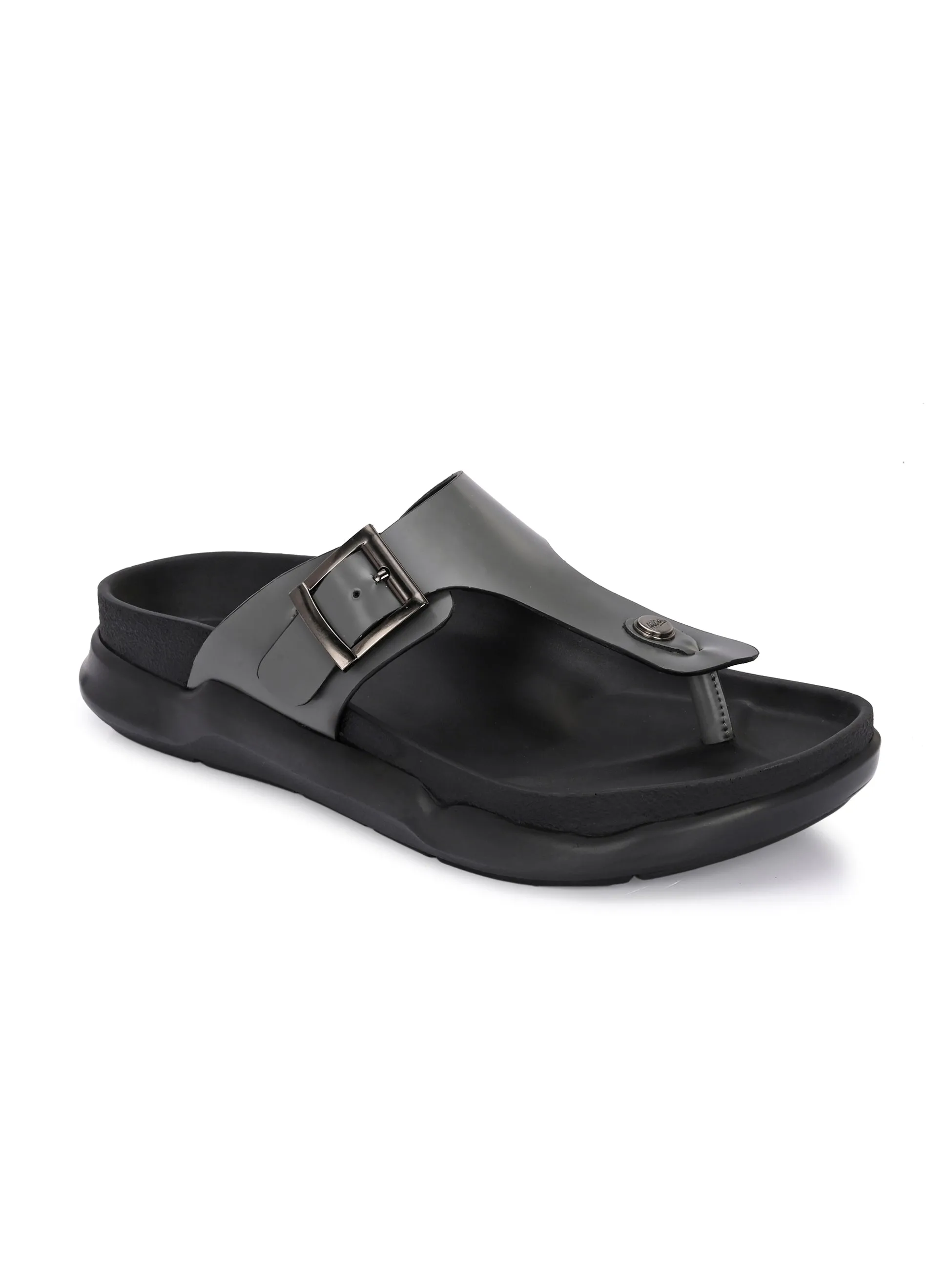 Hitz Men's Grey Leather Casual Daily Wear Slippers