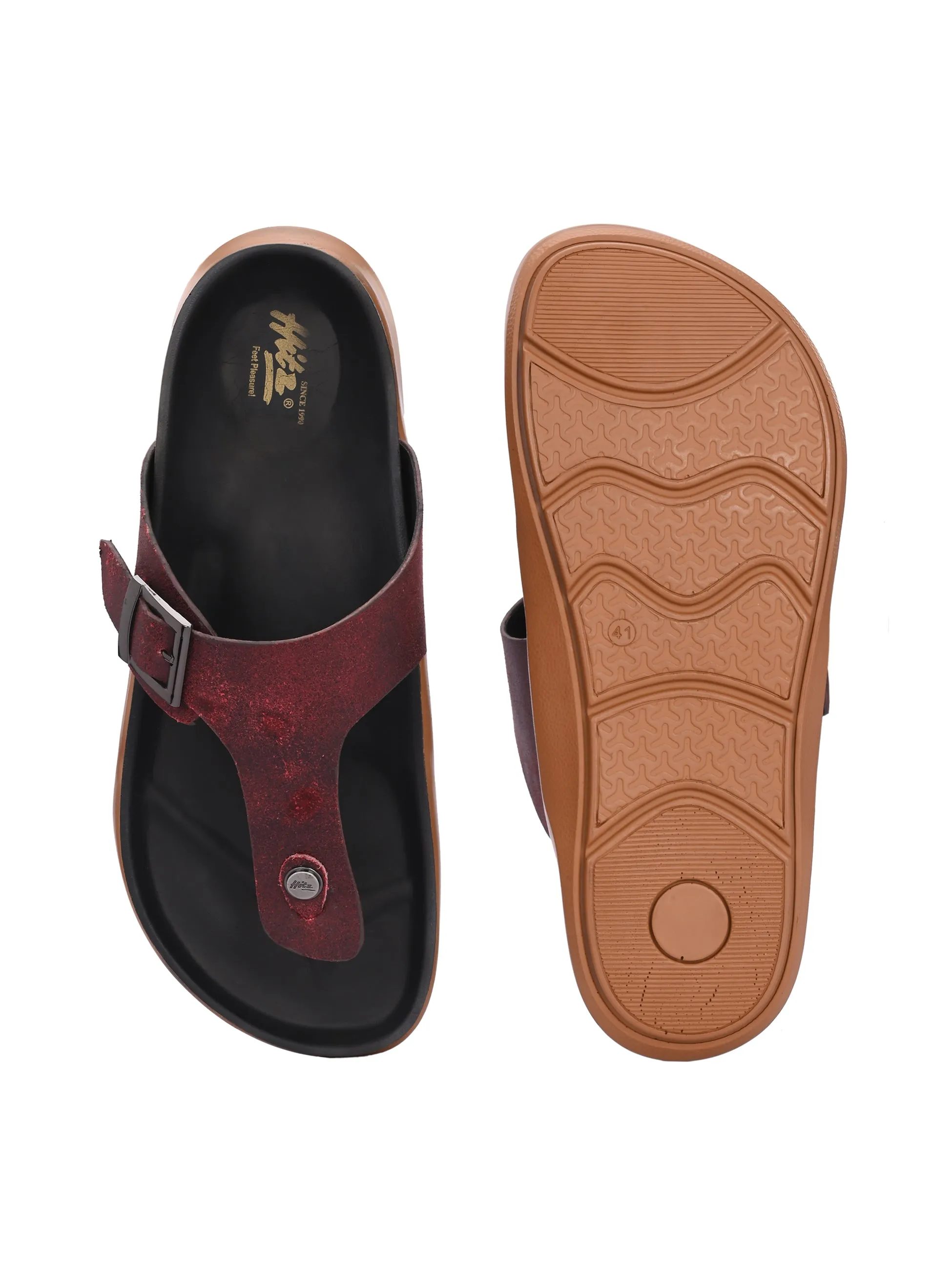 Hitz Men's Red Leather Daily Wear Slipper