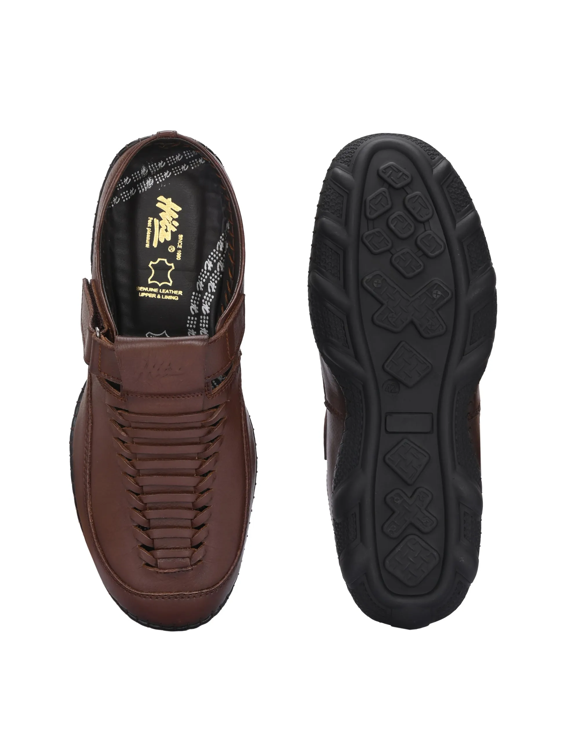 Hitz Men's Tan Leather Casual Daily Wear Velcro Sandals