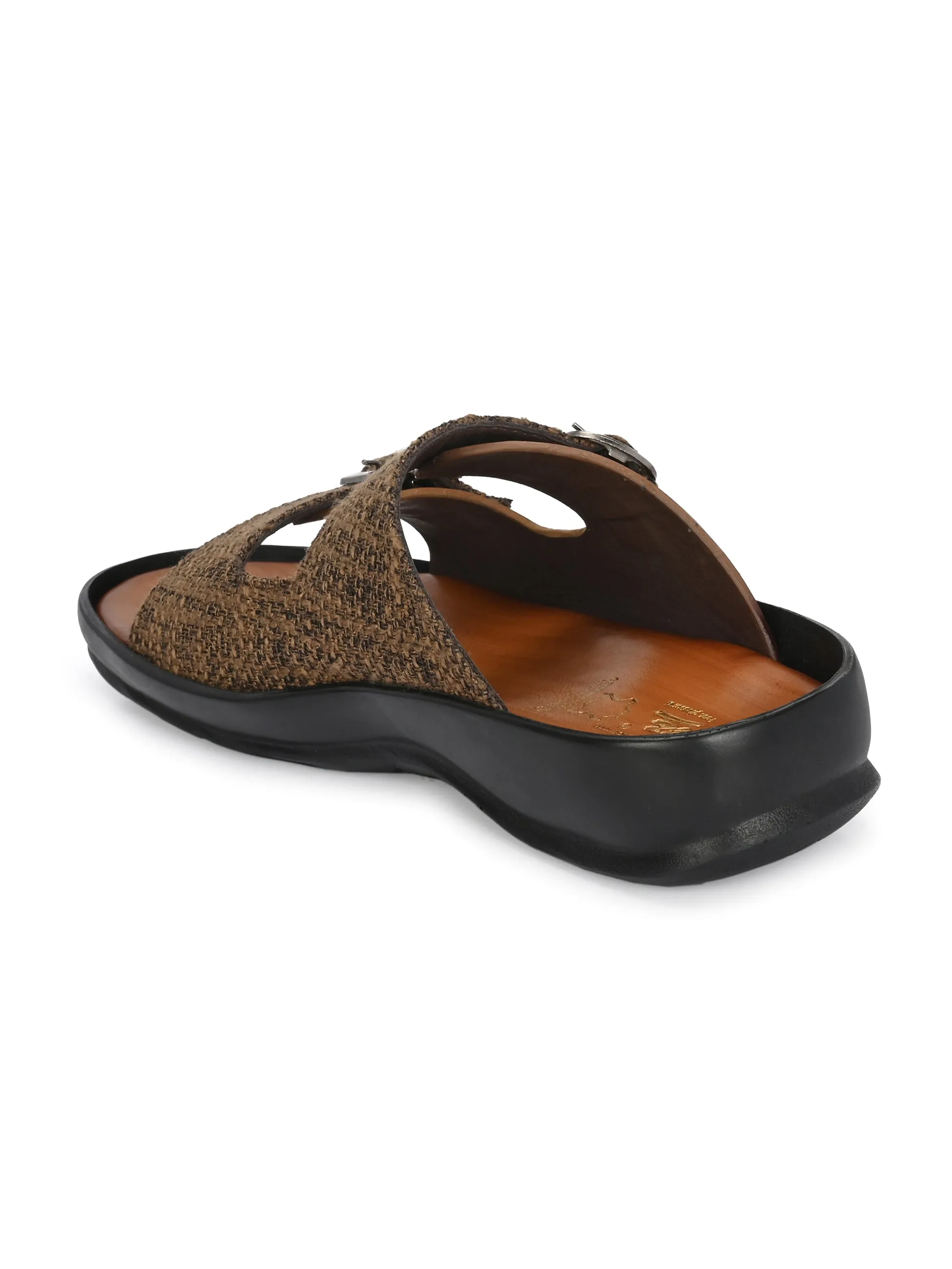 Hitz Men's Tan Leather_Fabric Casual Daily Wear Slipper