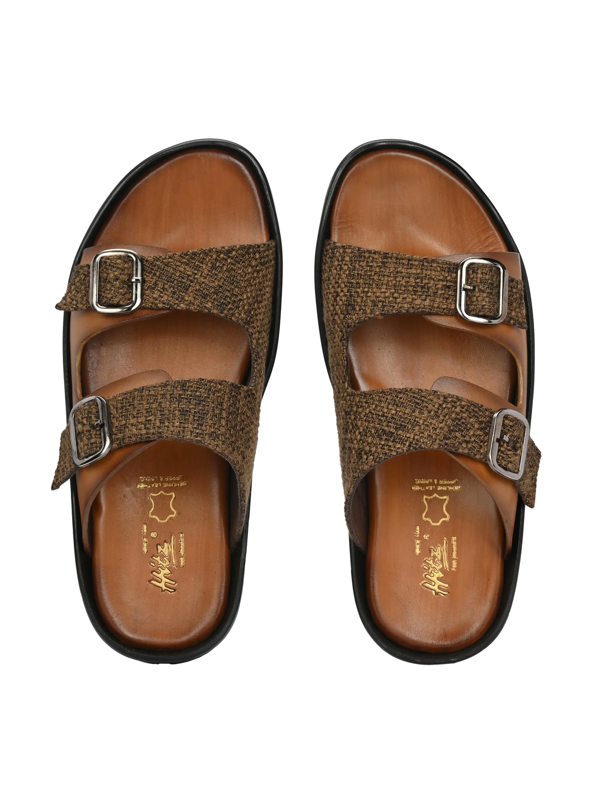 Hitz Men's Tan Leather_Fabric Casual Daily Wear Slipper