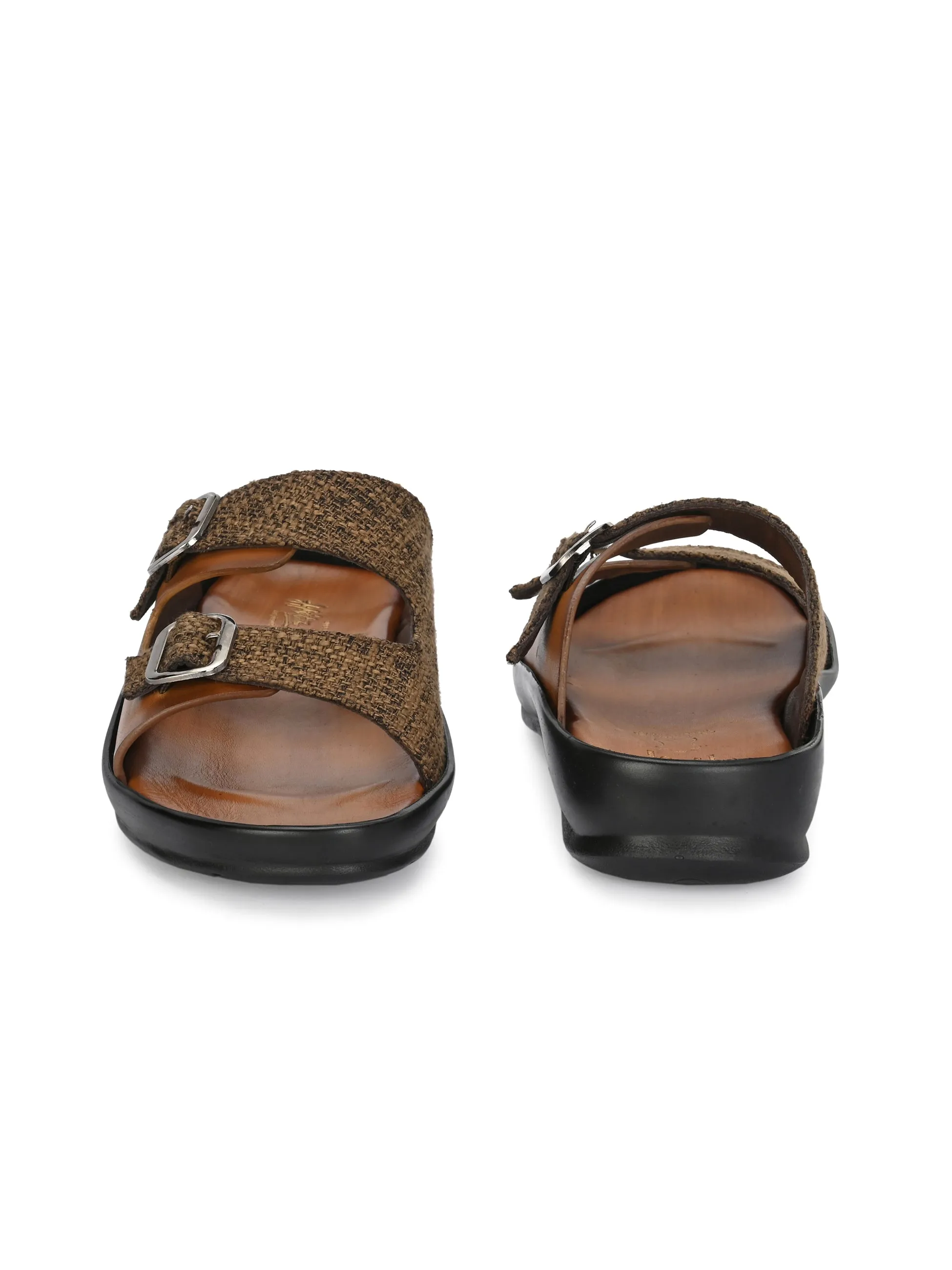 Hitz Men's Tan Leather_Fabric Casual Daily Wear Slipper