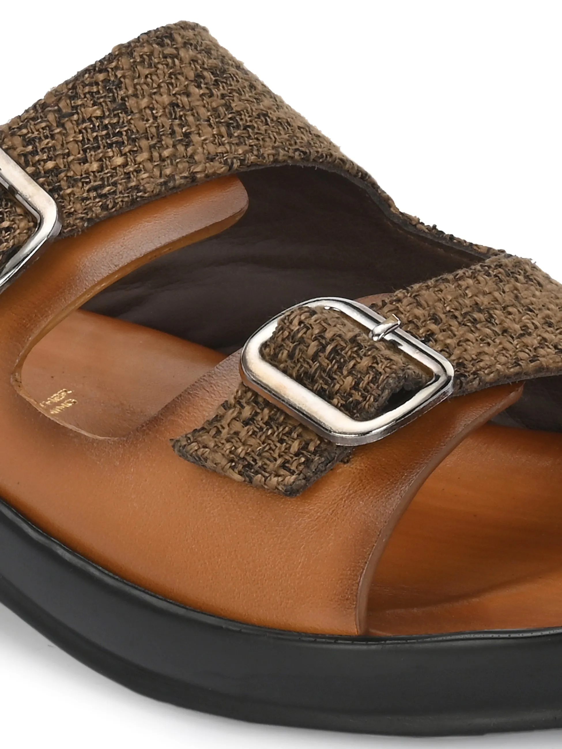 Hitz Men's Tan Leather_Fabric Casual Daily Wear Slipper