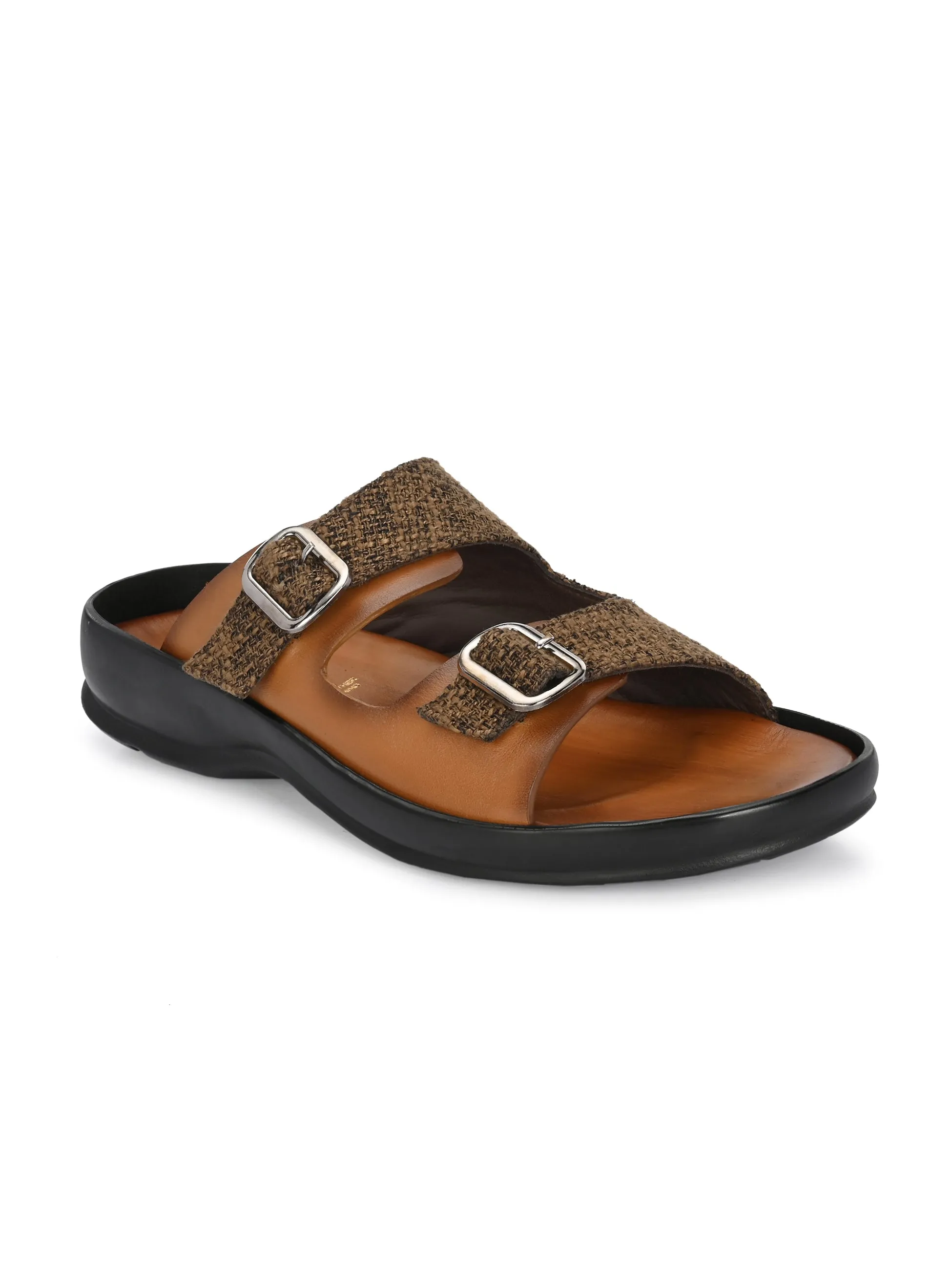 Hitz Men's Tan Leather_Fabric Casual Daily Wear Slipper