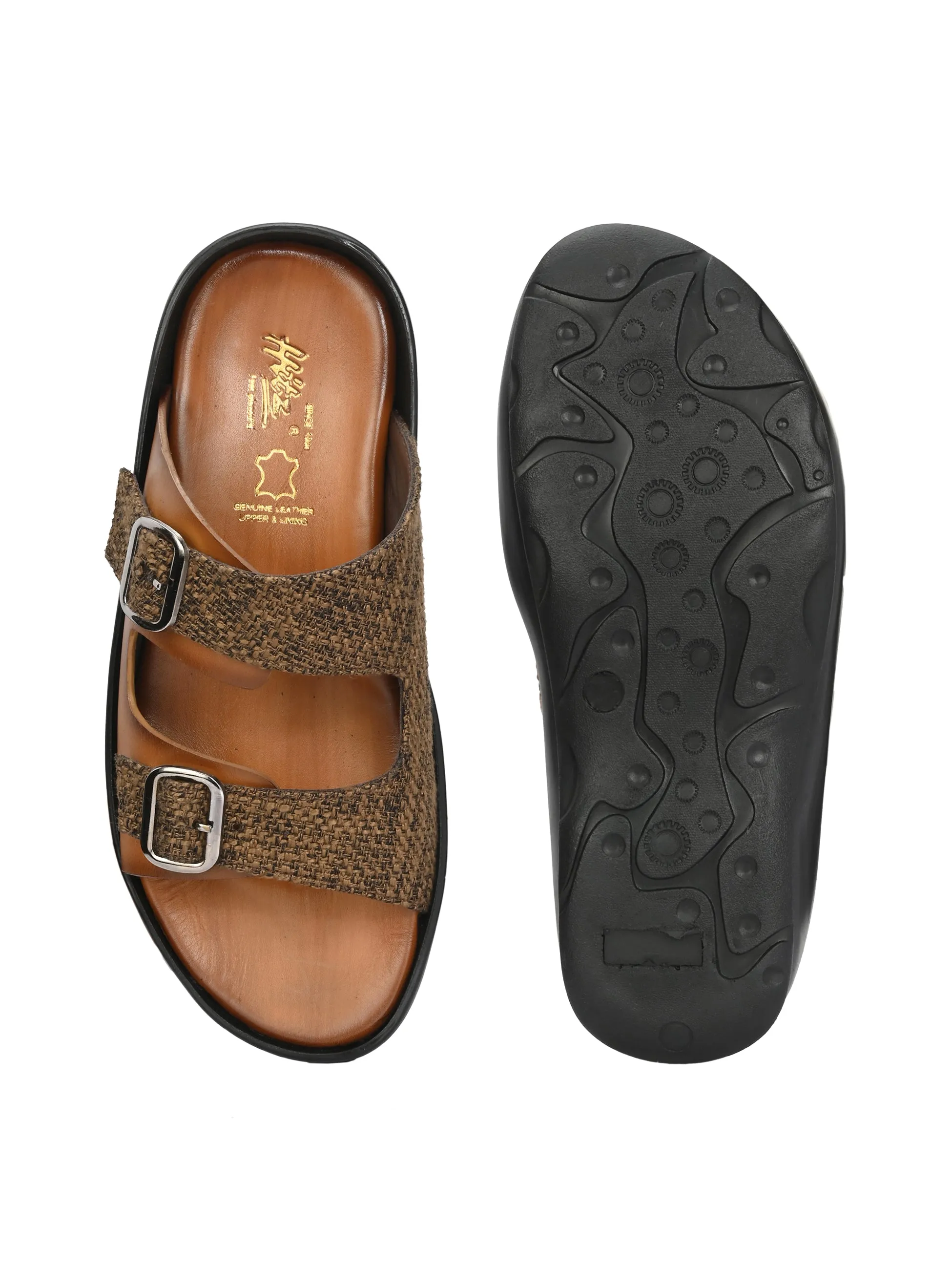 Hitz Men's Tan Leather_Fabric Casual Daily Wear Slipper