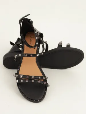 Ladies Assymetrical Studded Mule with Back Zip Sandal - Black