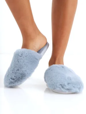 Ladies Closed Toe Long Hair Slipper - Blue