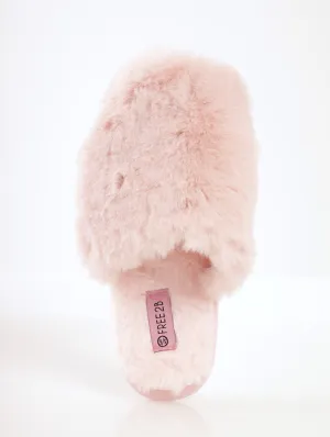 Ladies Closed Toe Long Hair Slipper - Pink