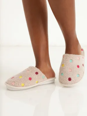 Ladies Closed Toe Polka Dot Slipper - Cream