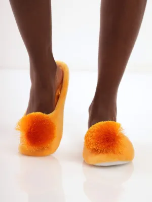 Ladies Closed Toe Pom Pom Slipper - Mustard