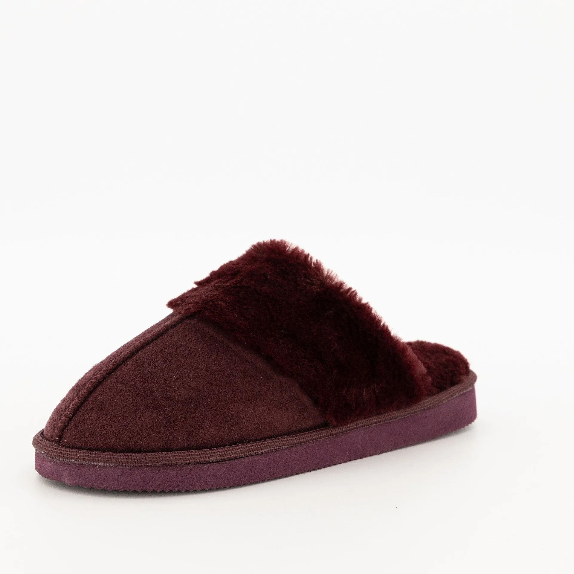 Ladies-Comfort Fur Closed Toe Slipper - Burgundy