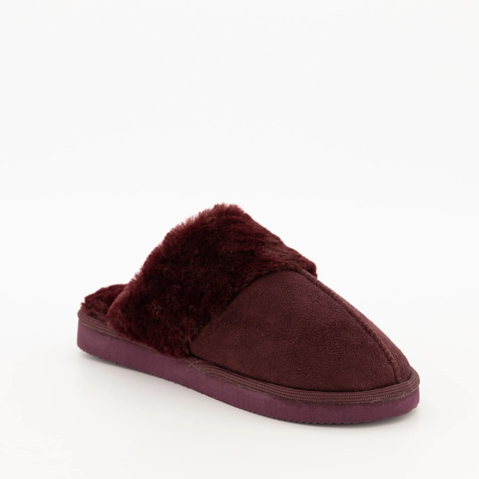 Ladies-Comfort Fur Closed Toe Slipper - Burgundy