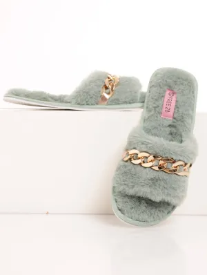 Ladies Open Toe Push-In Slipper - Sage