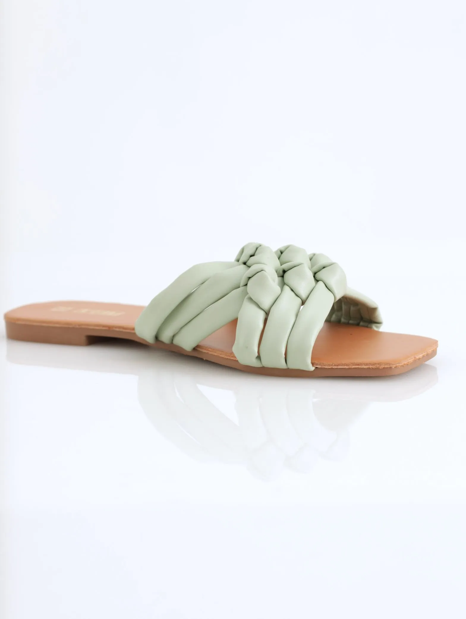Ladies Puffy Multi Knotted Strap Push In Mule Sandal - Sage