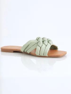 Ladies Puffy Multi Knotted Strap Push In Mule Sandal - Sage