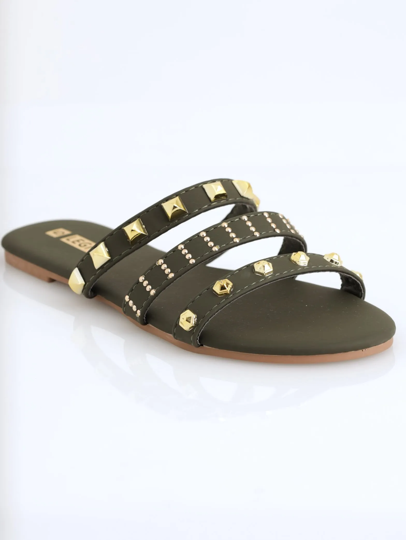 Ladies Three Strap Studde Mule - Fatigue