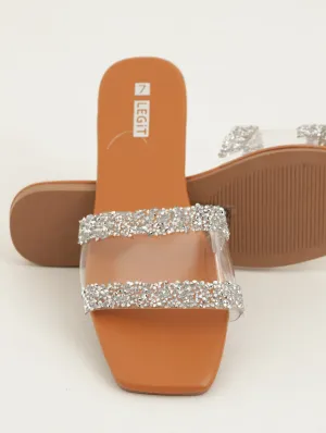 Ladies Vinyl With Crystal Frame Mule Sandal - Clear