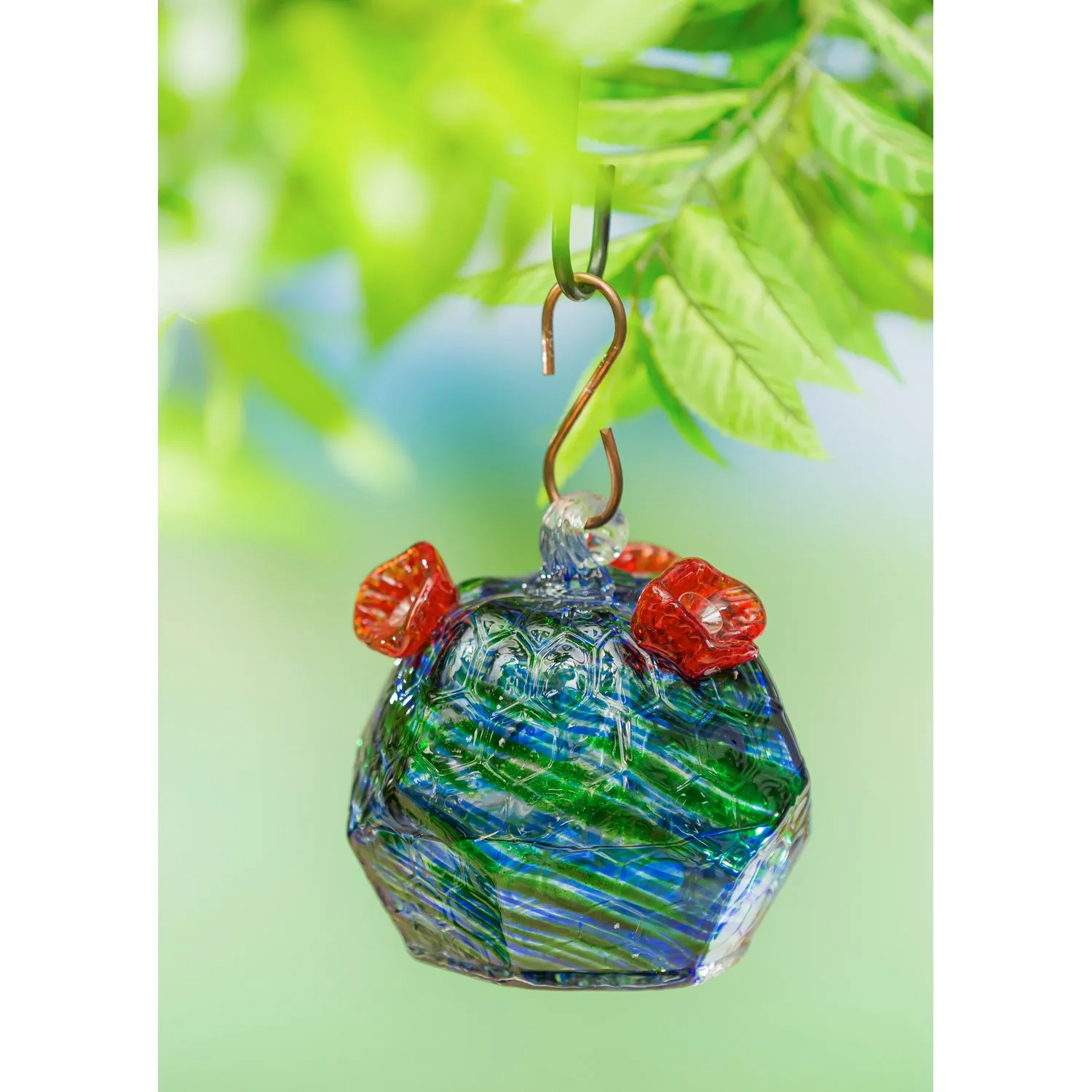 Large Glass Hummingbird Feeder, Blue and Green Sparkle Swirl,2hf303