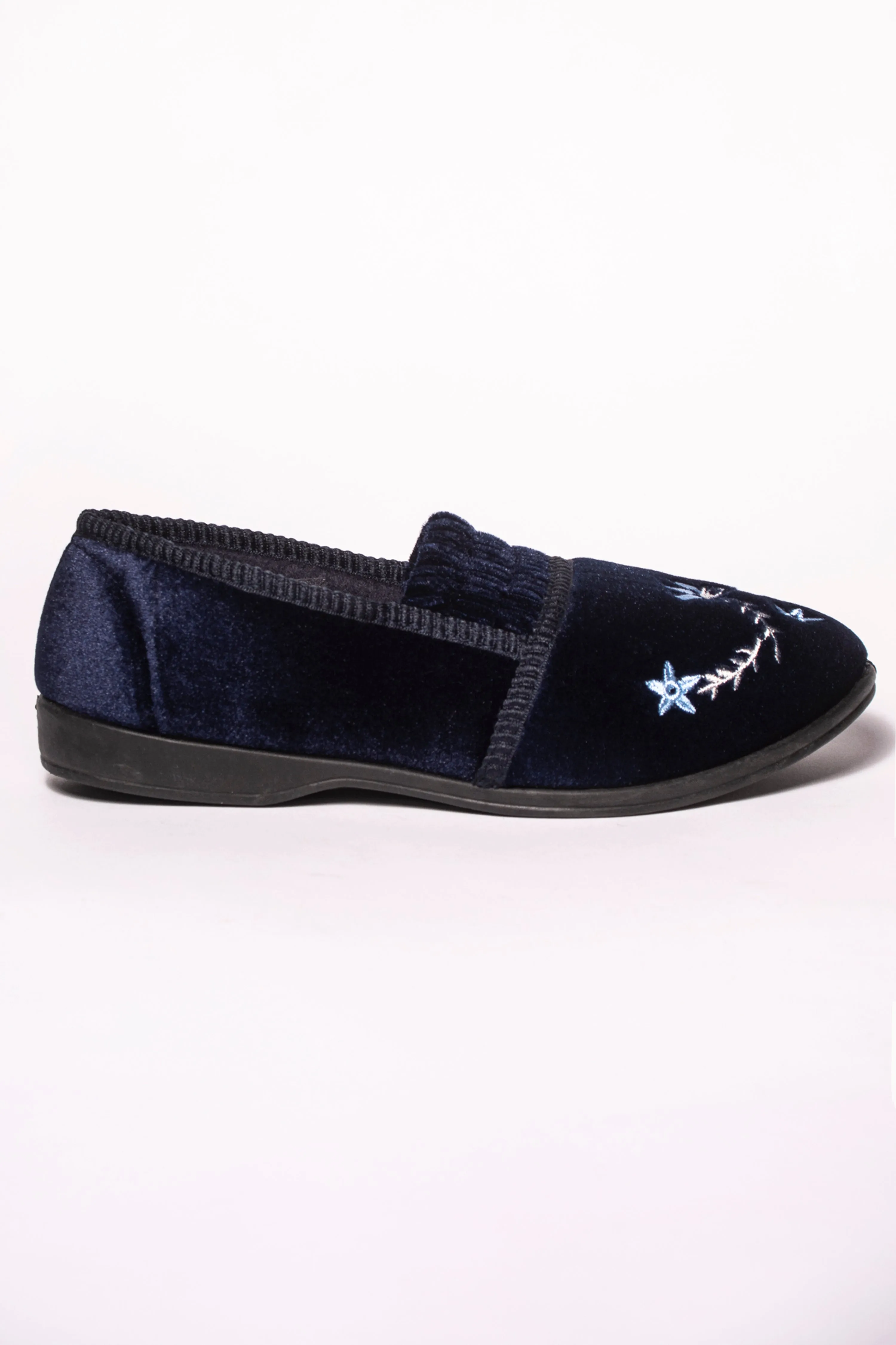 PEGGY DR LIGHTFOOT NAVY EMBROIDERED CRINKLE EFFECT SLIPPER