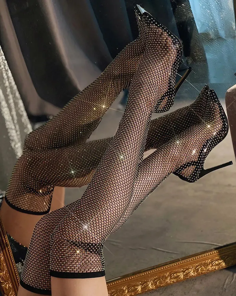 Rhinestone Fishnet Stiletto High Heel Knee High Boots