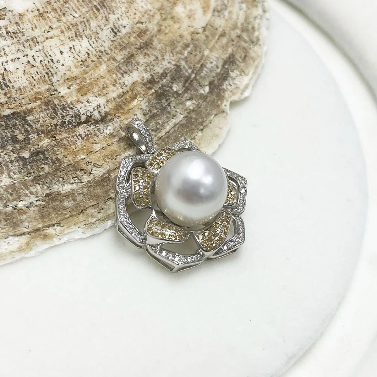 Sadie South Sea White Pearl Lace Flower Pendant