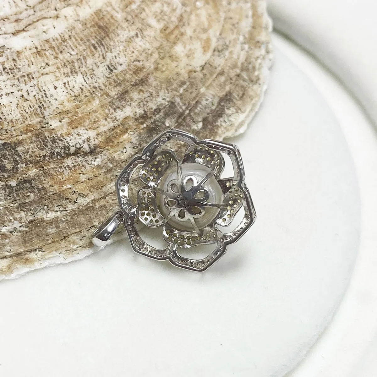Sadie South Sea White Pearl Lace Flower Pendant