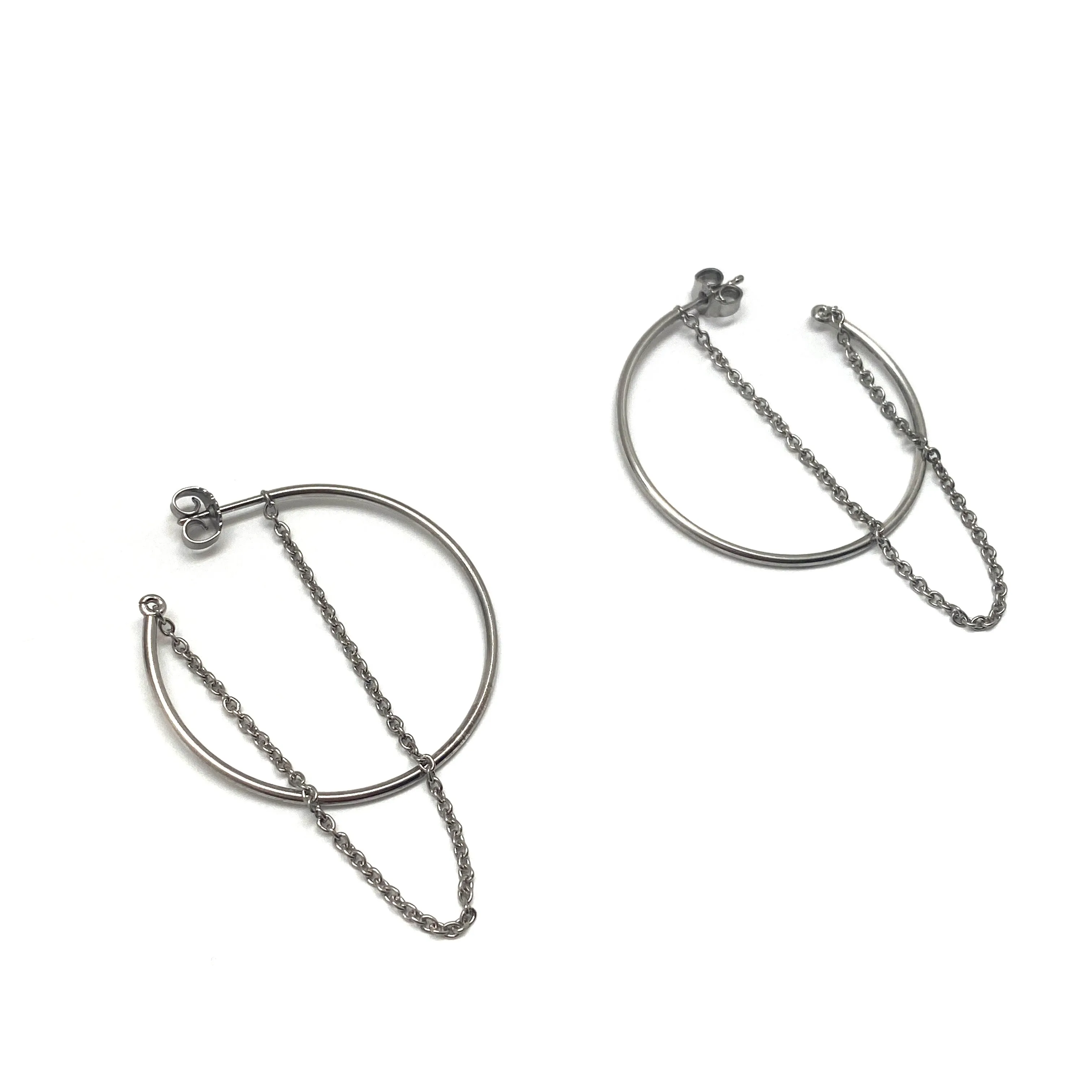 Silver Hoop and Chain Earrings - Small