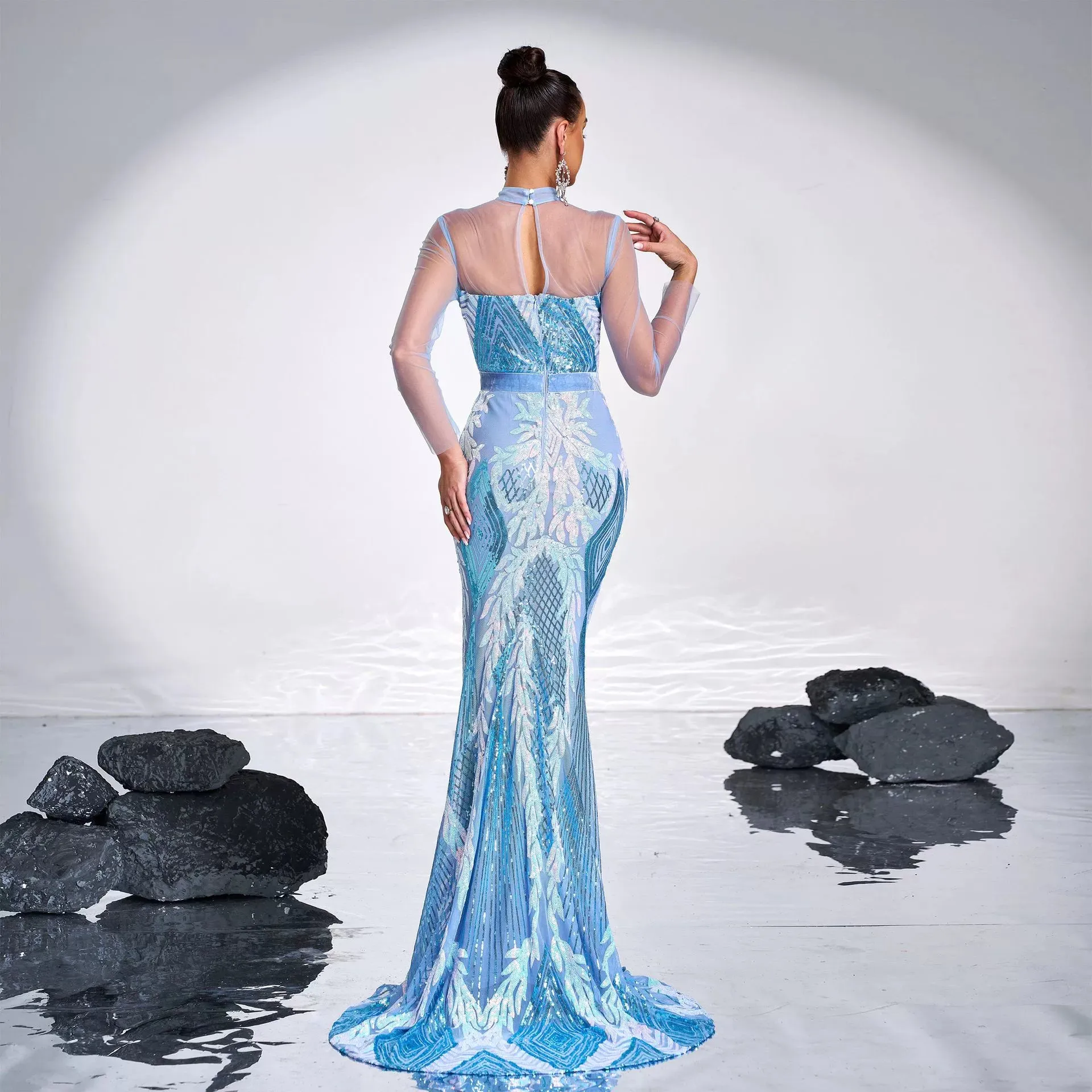 Stand Collar Mermaid maxi Dress in Light Blue