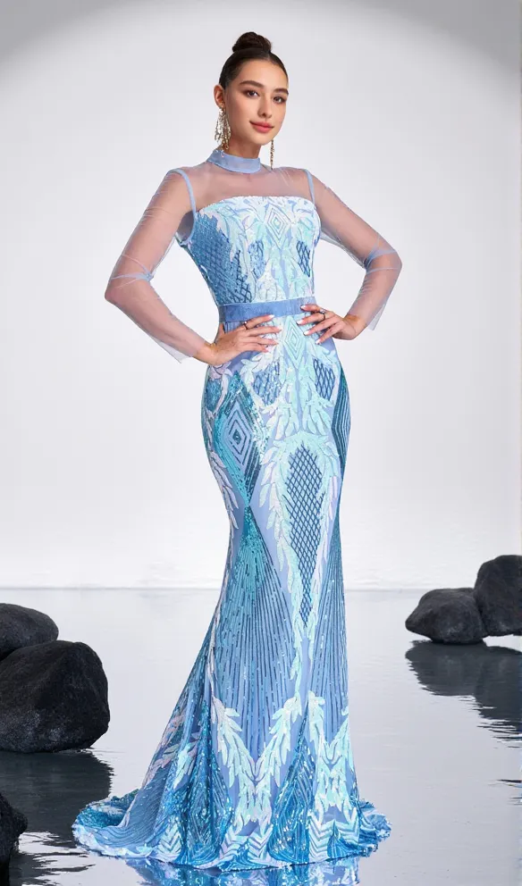 Stand Collar Mermaid maxi Dress in Light Blue