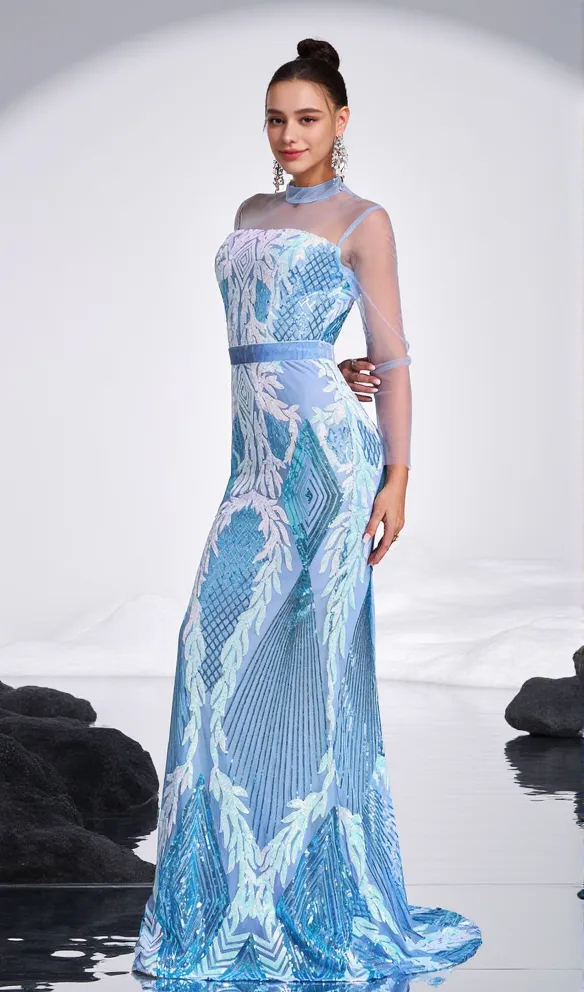 Stand Collar Mermaid maxi Dress in Light Blue